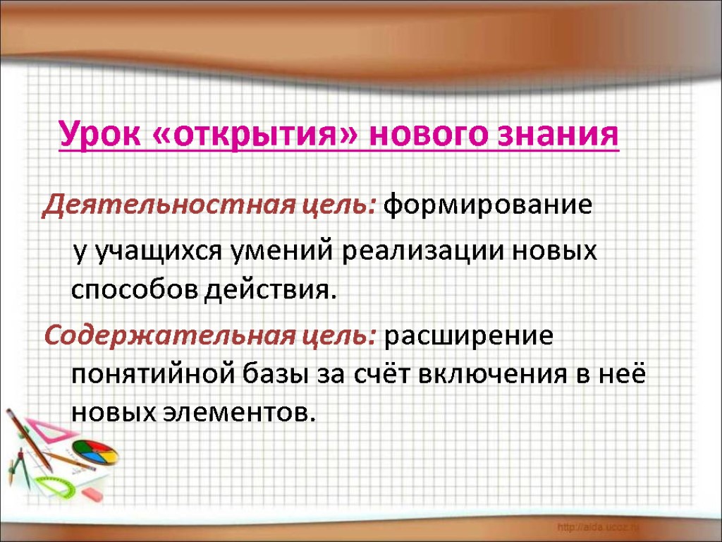 Урок «открытия» нового знания Деятельностная цель: формирование у учащихся умений реализации новых способов действия.